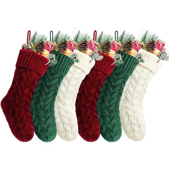 6 Pack Knitted Christmas Stockings, Burgundy, Ivory, Green,...